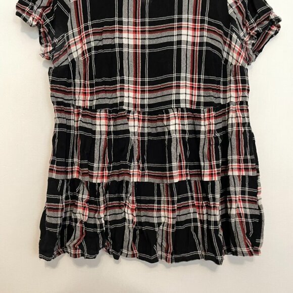TORRID 00 Plus Size Black Red Plaid Shirred Hem Top Short Sleeve Babydoll 10 M L - Picture 6 of 14